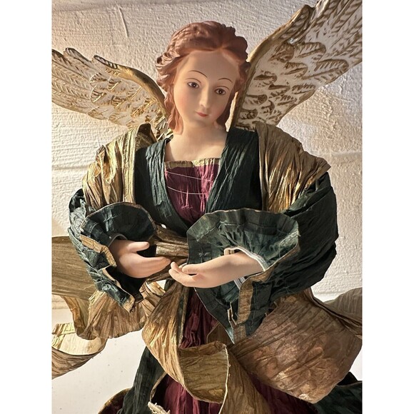 Vintage  Cartapesta Style 12” Gold Burgundy Green Angel Tree Topper Paper Mache - Picture 5 of 6